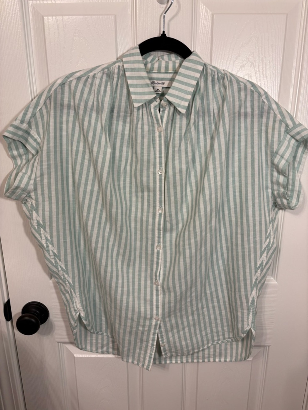Madewell Striped Button Front Blouse Green White Lightweight Top XS, 100% cotton